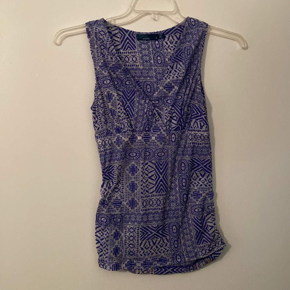 Blue and white print blouse